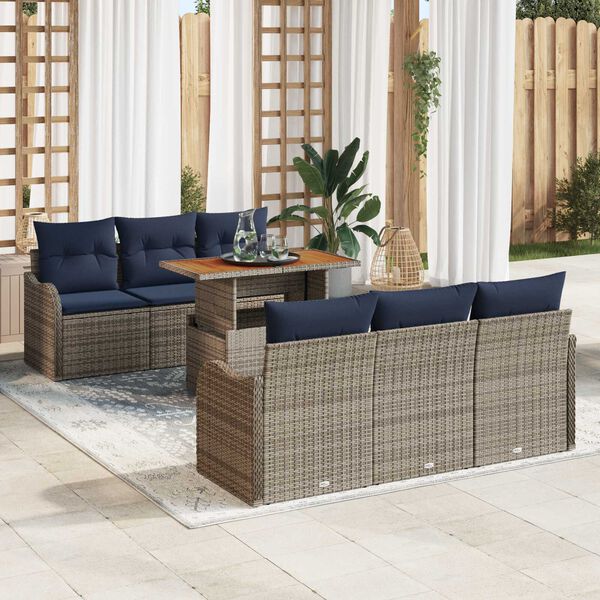 vidaXL 7 Piece Garden Sofa Set with Cushions Grey Poly Rattan Acacia