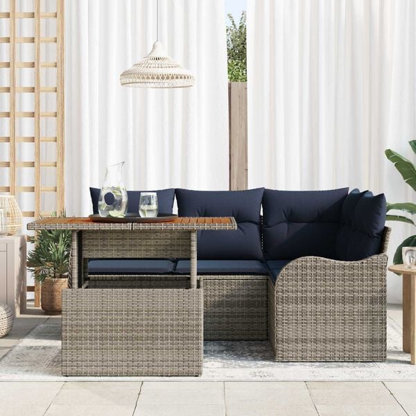 vidaXL 5 Piece Garden Sofa Set with Cushions Grey Poly Rattan Acacia