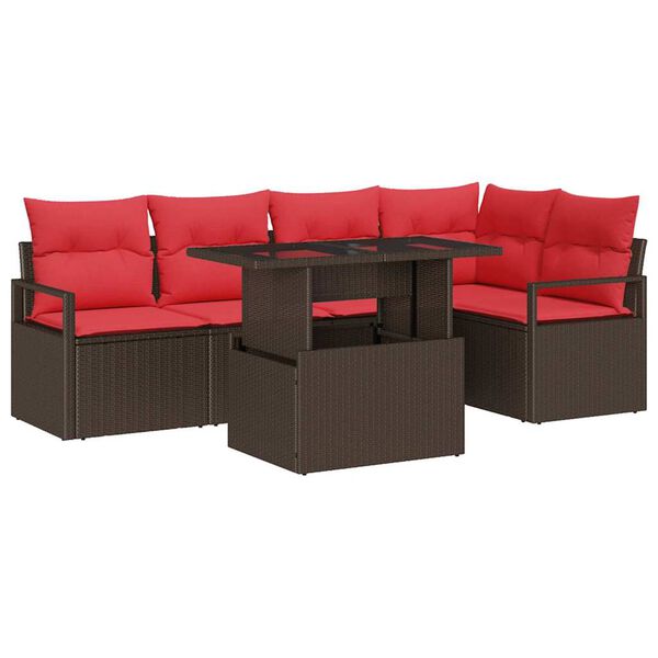 vidaXL Garden Sofa Set with Cushion 6 pcs Brown and Red Poly Rattan