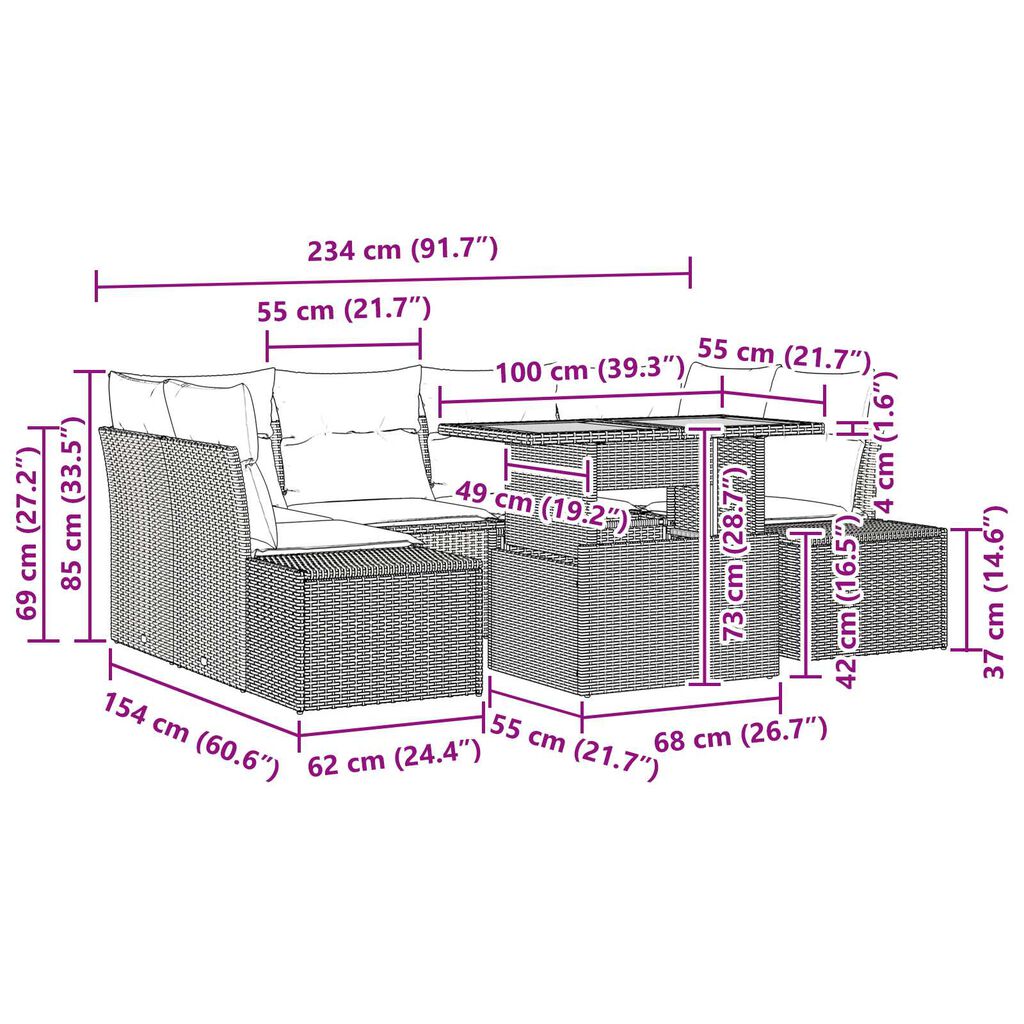 vidaXL 7 Piece Garden Sofa Set with Cushions Black Poly Rattan