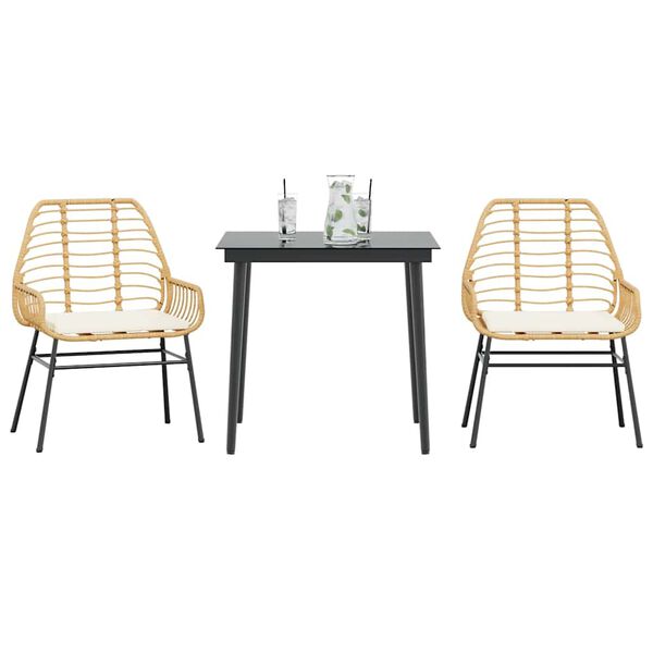 vidaXL 3 Piece Garden Dining Set with Cushions Brown Poly Rattan Glass