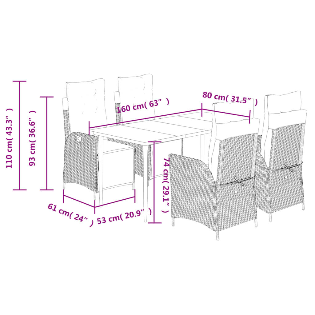 vidaXL 5 Piece Garden Dining Set with Cushions Grey Poly Rattan