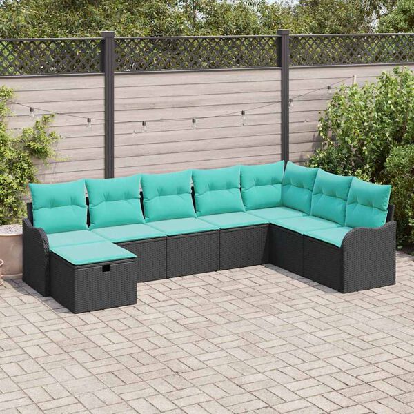 vidaXL Sofa Set with Cushion Manual Black and Turquoise Poly Rattan
