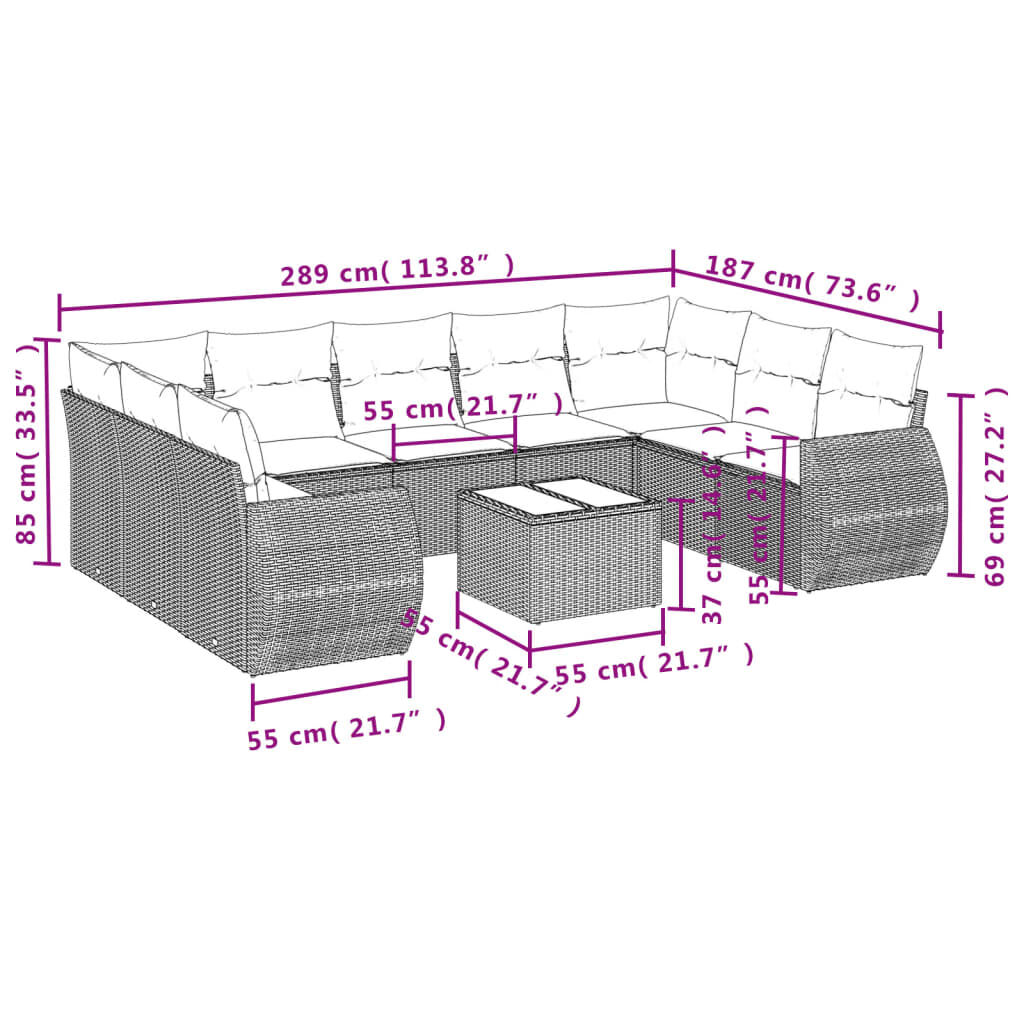 vidaXL 10 Piece Garden Sofa Set with Cushions Grey Poly Rattan