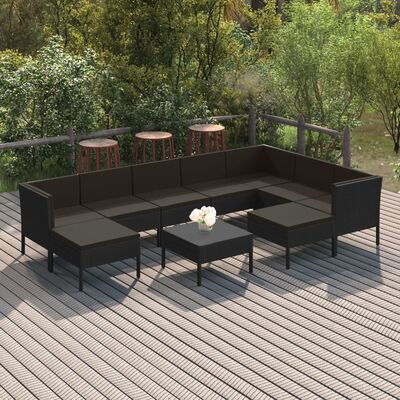 vidaXL 10 Piece Garden Lounge Set with Cushions Poly Rattan Black