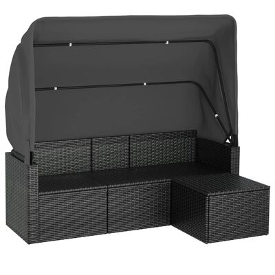 vidaXL 3-Seater Garden Sofa with Roof and Footstool Black Poly Rattan