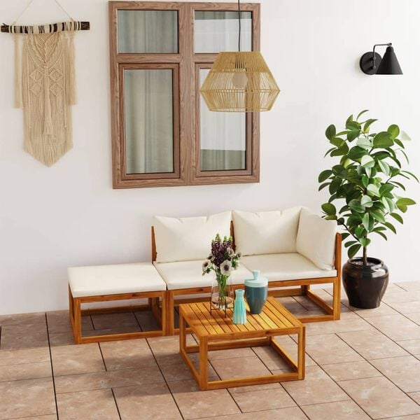 vidaXL 4 Piece Garden Lounge Set with Cushion Cream Solid Acacia Wood