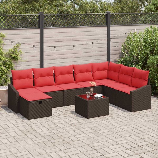 vidaXL 9 Piece Garden Sofa Set with Cushions Brown Poly Rattan