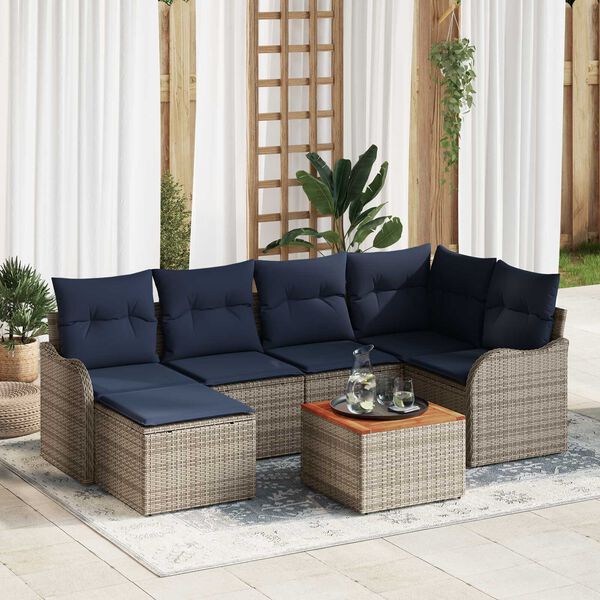 vidaXL 7 Piece Garden Sofa Set with Cushions Grey Poly Rattan Acacia