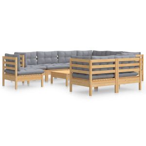 vidaXL 10 Piece Garden Lounge Set with Grey Cushions Solid Pinewood