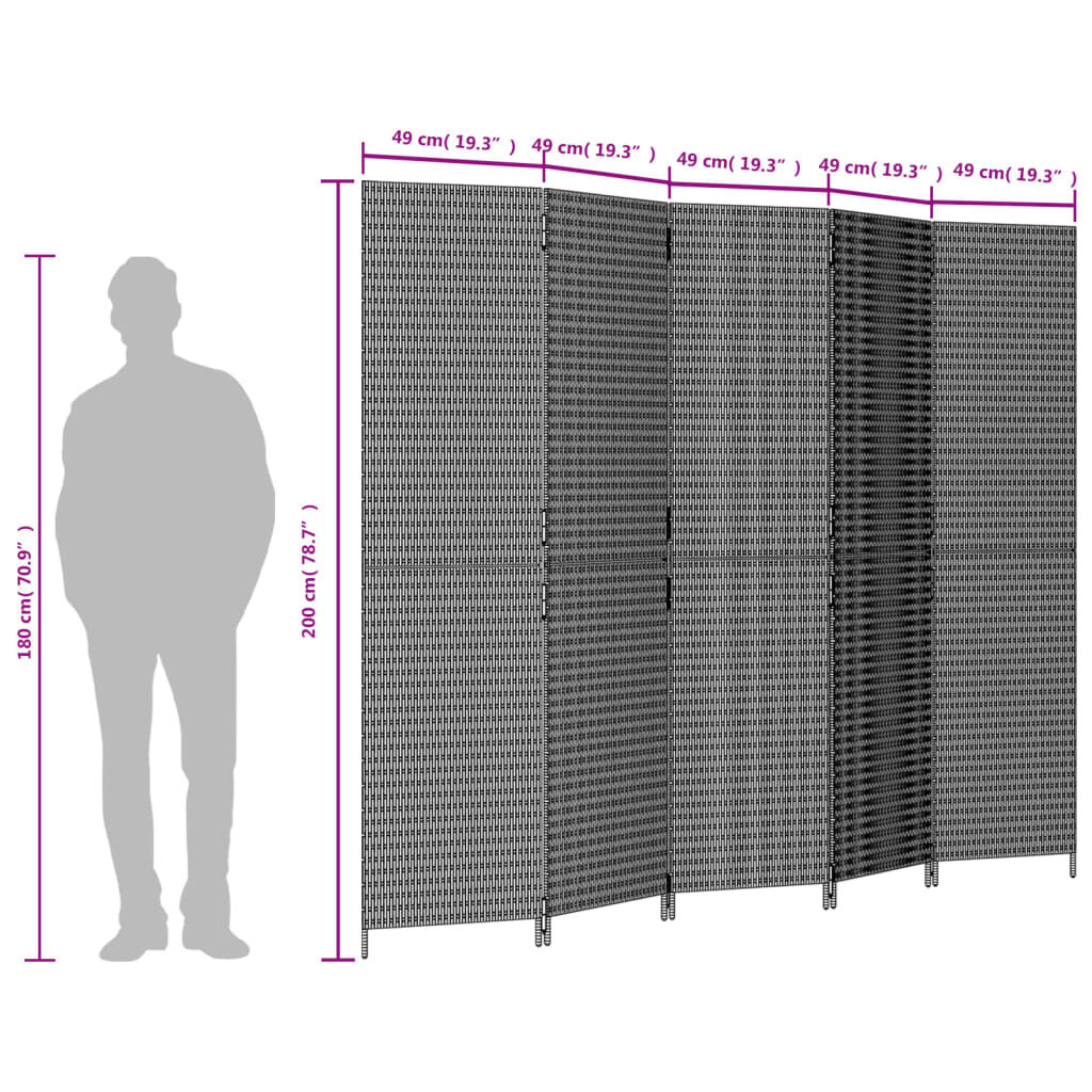 vidaXL Room Divider 5 Panels Grey Poly Rattan