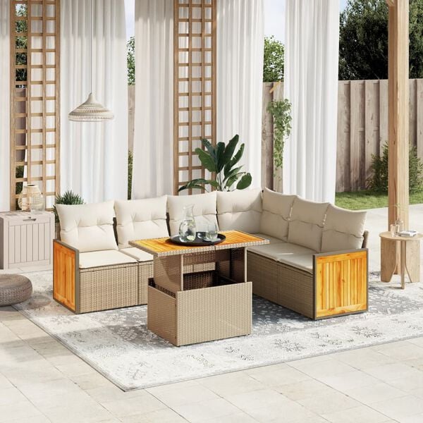 vidaXL 7 Piece Garden Sofa Set with Cushions Beige Poly Rattan