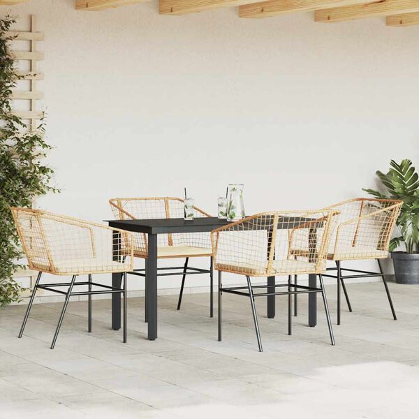 vidaXL 5 Piece Garden Dining Set with Cushions Brown Poly Rattan Glass