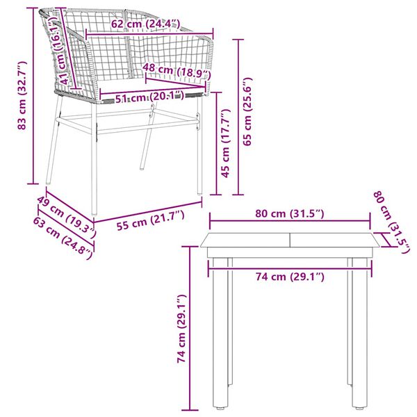 vidaXL 3 Piece Garden Dining Set with Cushions Brown Poly Rattan Glass