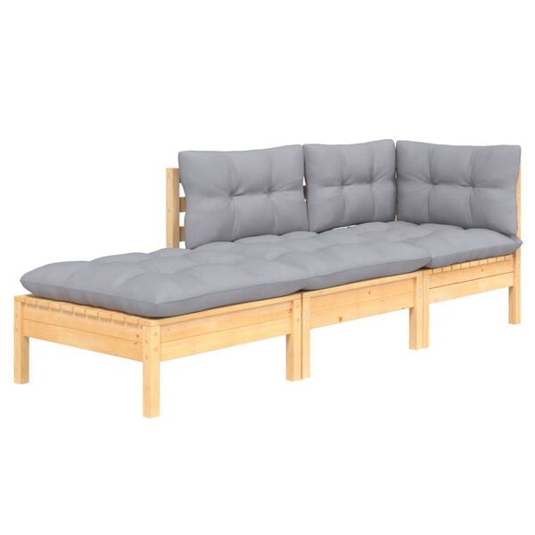 vidaXL 3 Piece Garden Lounge Set with Grey Cushions Solid Wood Pine