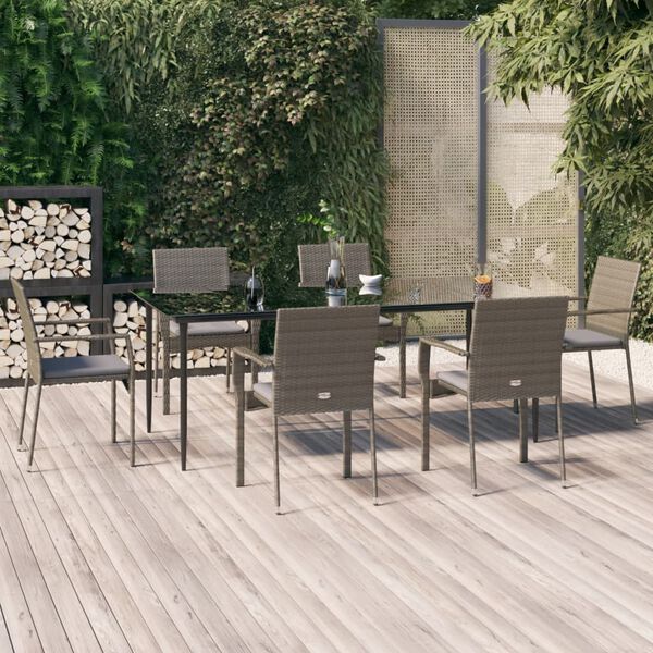 vidaXL 7 Piece Garden Dining Set with Cushions Black and Grey Poly Rattan