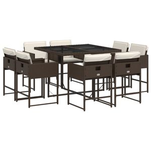vidaXL 9 Piece Garden Dining Set with Cushions Brown Poly Rattan