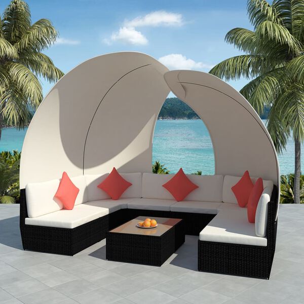 vidaXL 9 Piece Garden Lounge Set with Canopies Poly Rattan Black
