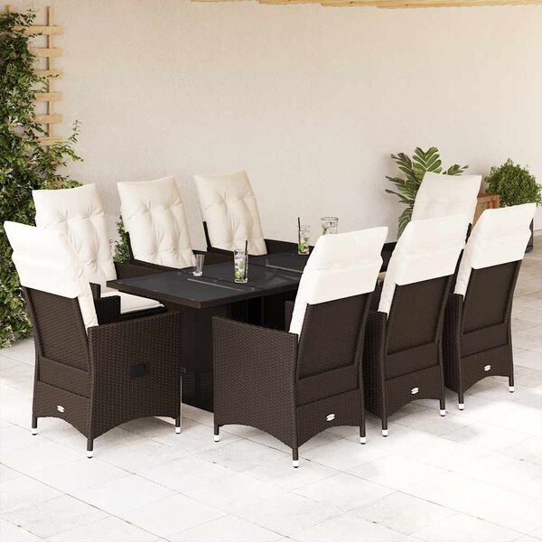 vidaXL 9 Piece Garden Dining Set with Cushions Brown Poly Rattan