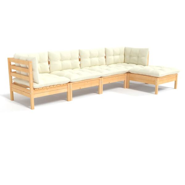 vidaXL 5 Piece Garden Lounge Set with Cream Cushions Pinewood