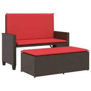 vidaXL Garden Bench with Cushions and Footstool Brown Poly Rattan