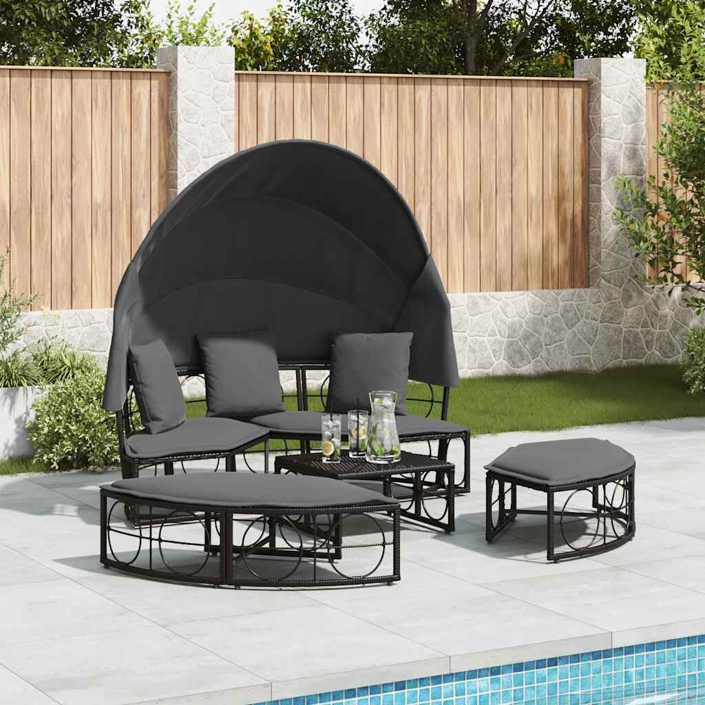 vidaXL Outdoor Lounge Bed with Canopy and Cushions Black Poly Rattan