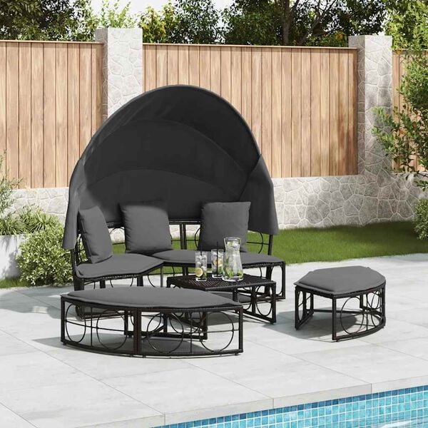 vidaXL Outdoor Lounge Bed with Canopy and Cushions Black Poly Rattan