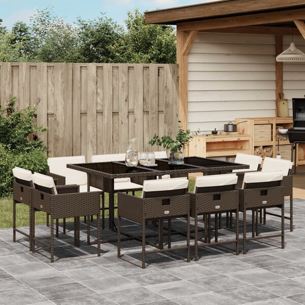vidaXL 11 Piece Garden Dining Set with Cushions Brown Poly Rattan