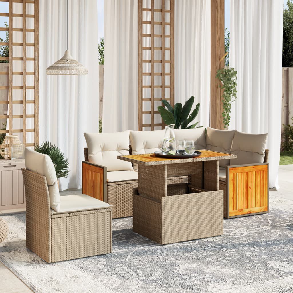vidaXL 6 Piece Garden Sofa Set with Cushions Beige Poly Rattan