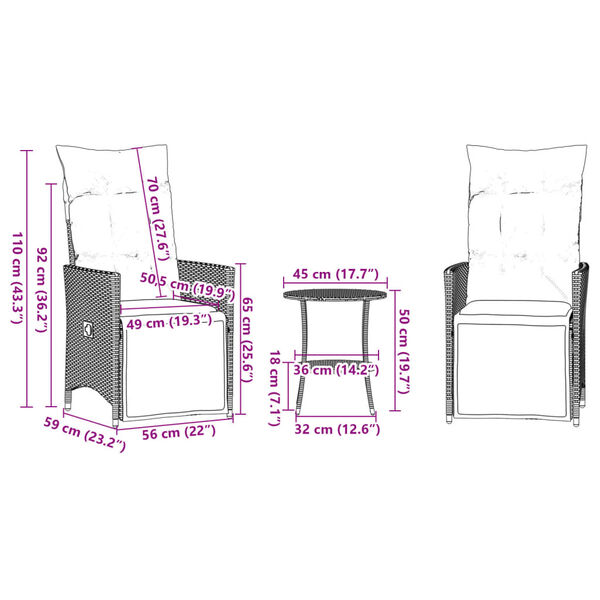vidaXL 3 Piece Bistro Set with Cushions Beige Poly Rattan