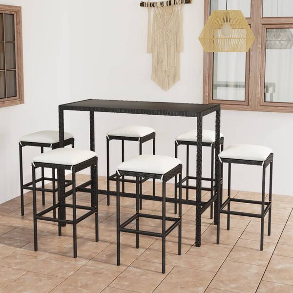 vidaXL 7 Piece Garden Bar Set with Cushions Poly Rattan Black