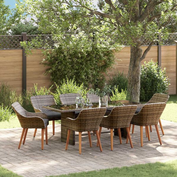 vidaXL Garden Dining Set with Cushion 9 pcs Grey Poly Rattan