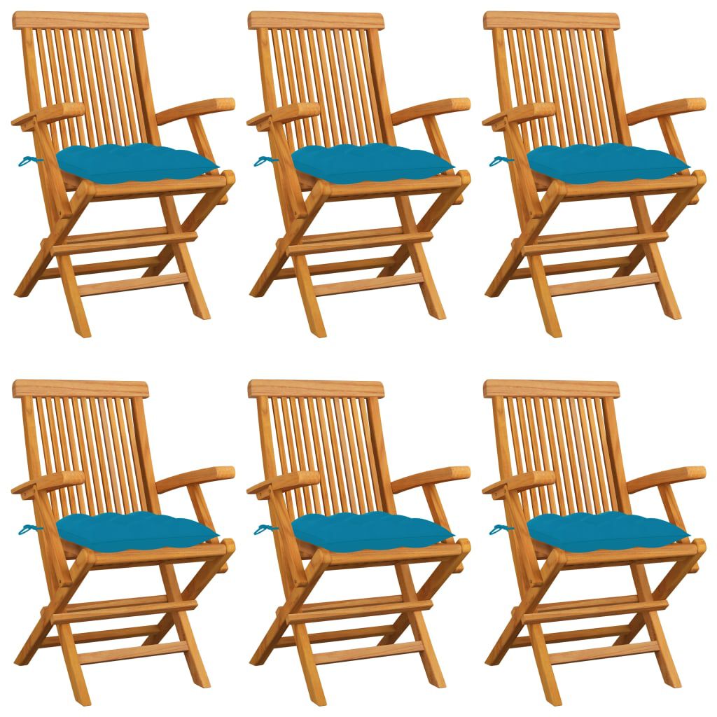 vidaXL Garden Chairs with Light Blue Cushions 6 pcs Solid Teak Wood
