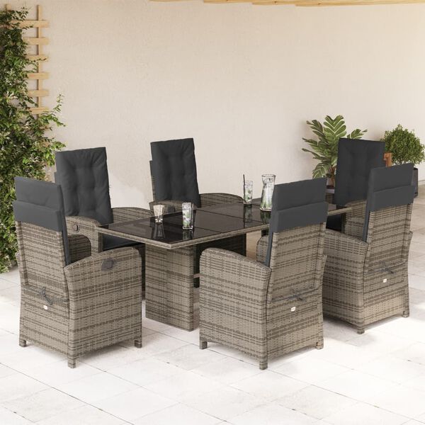 vidaXL 7 Piece Garden Dining Set with Cushions Grey Poly Rattan