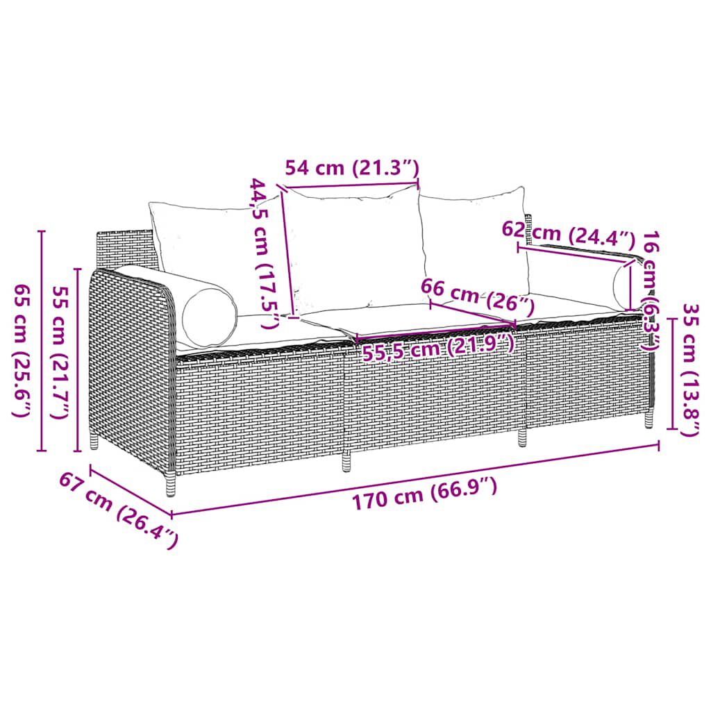 vidaXL Garden Sofa with Cushions 3-Seater Grey Poly Rattan