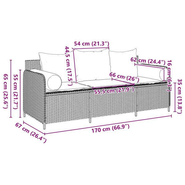 vidaXL Garden Sofa with Cushions 3-Seater Grey Poly Rattan