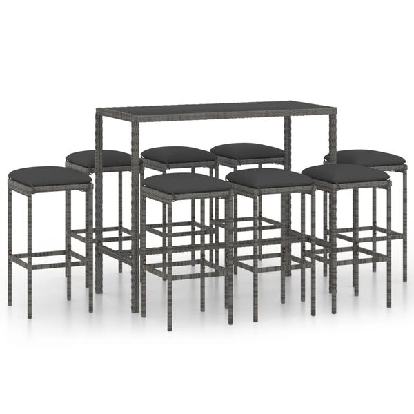 vidaXL 9 Piece Garden Bar Set with Cushions Poly Rattan Grey