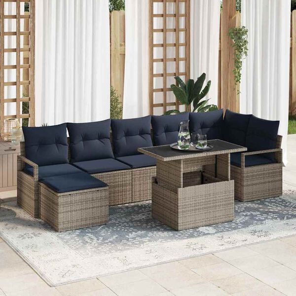 vidaXL Garden Sofa Set 8 pcs Grey and Navy Blue Poly Rattan