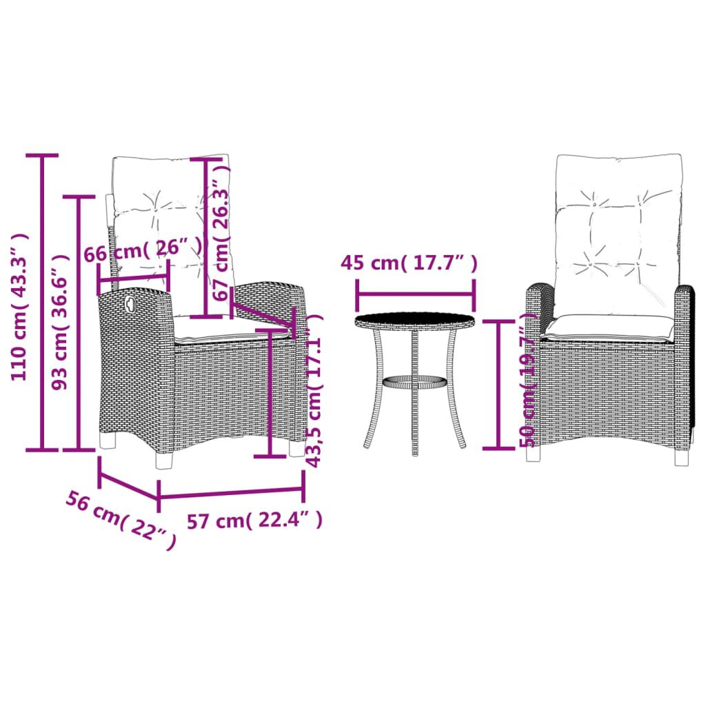 vidaXL 3 Piece Bistro Set with Cushions Brown Poly Rattan