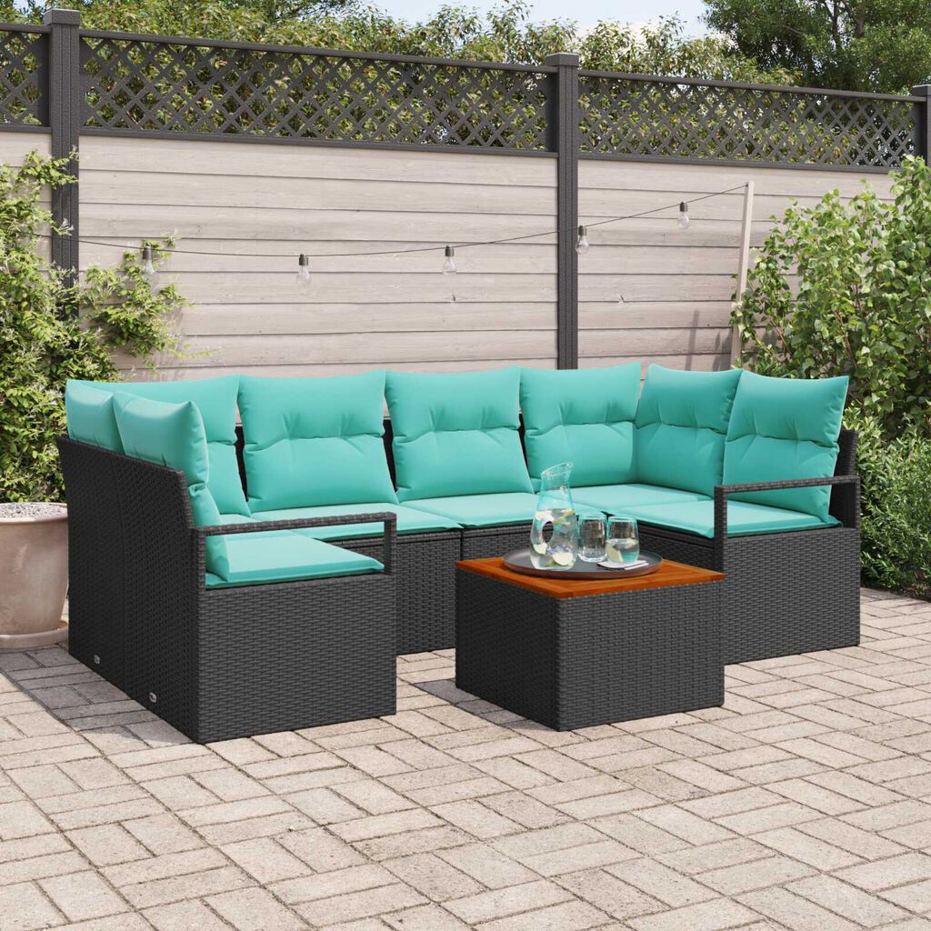 vidaXL 7 Piece Garden Sofa Set with Cushions Black Poly Rattan Acacia