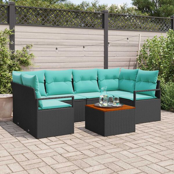 vidaXL 7 Piece Garden Sofa Set with Cushions Black Poly Rattan Acacia