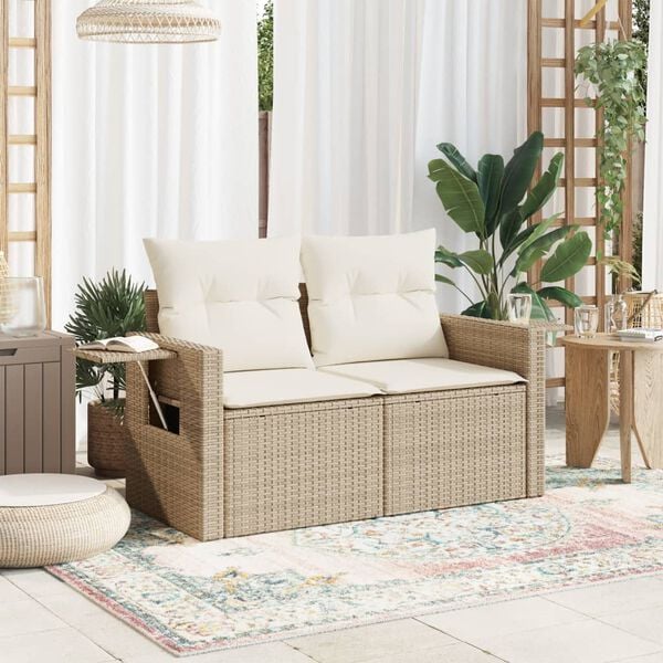 vidaXL Garden Sofa with Cushions 2-Seater Beige Poly Rattan