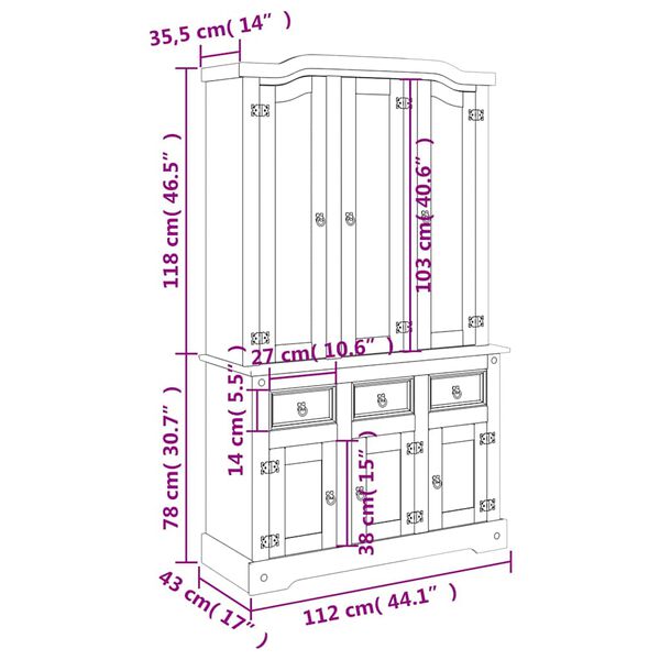 vidaXL Highboard Corona White 112x43x196 cm Solid Wood Mexican Pine