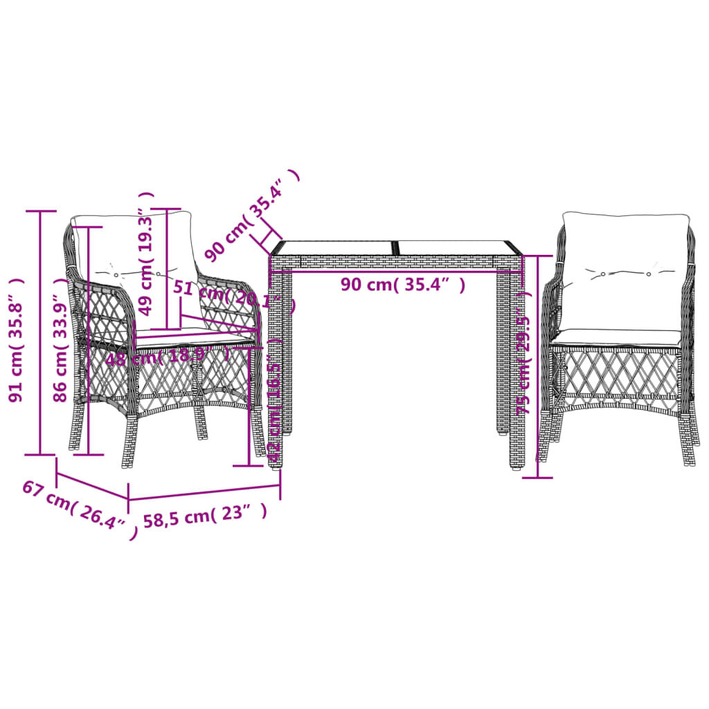 vidaXL 3 Piece Bistro Set with Cushions Black Poly Rattan