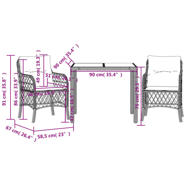 vidaXL 3 Piece Bistro Set with Cushions Black Poly Rattan