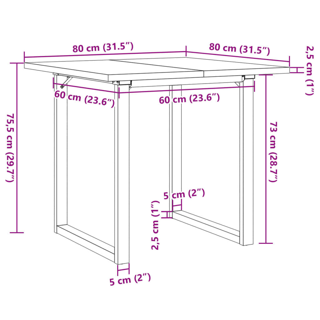 vidaXL Dining Table O-Frame 80x80x75.5 cm Solid Wood Pine and Steel