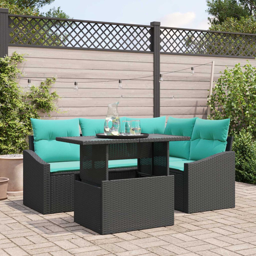 vidaXL 5 Piece Garden Sofa Set with Cushions Black Poly Rattan