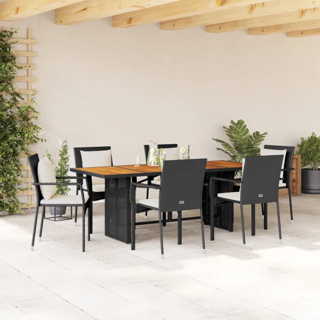 vidaXL 7 Piece Garden Dining Set with Cushions Black Poly Rattan
