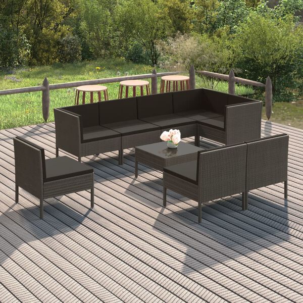 vidaXL 9 Piece Garden Lounge Set with Cushions Poly Rattan Grey