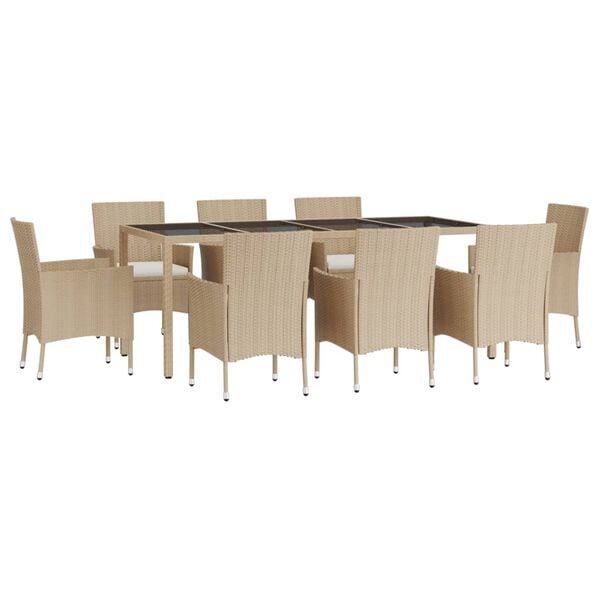 vidaXL 9 Piece Garden Dining Set with Cushions Beige Poly Rattan